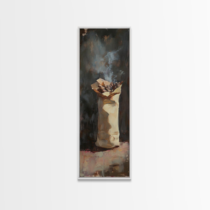 Moody Smoking Paper Bag Still Life Wall Art, Rustic Oil Painting Print, Dark Academia Decor, Unique Kitchen Wall Decor And Home Decor