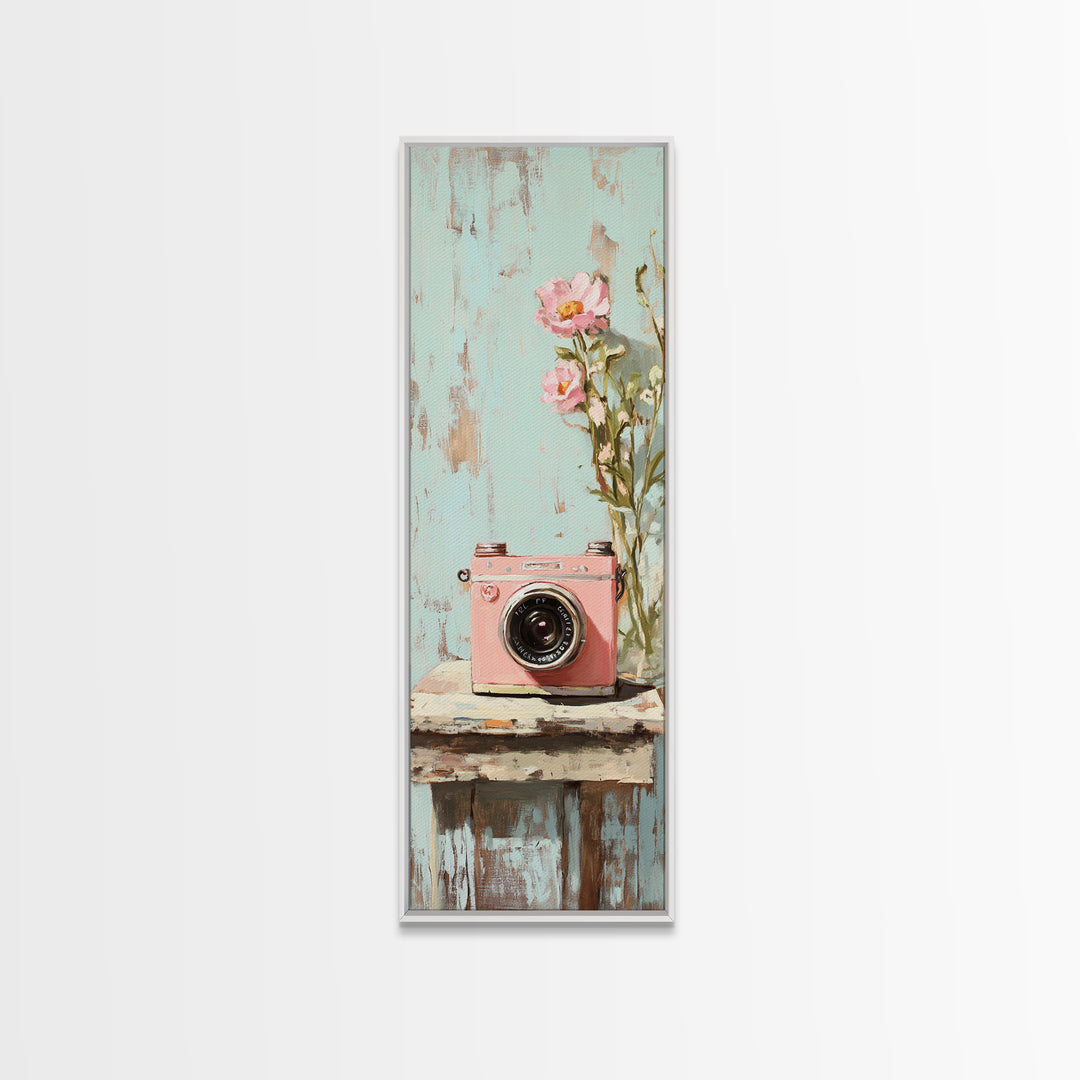 Pink Camera With Flowers Canvas Print, Whimsical Floral Wall Art, Girly Room Decor, Cute Photography Lover Gift And Bedroom Wall Decor