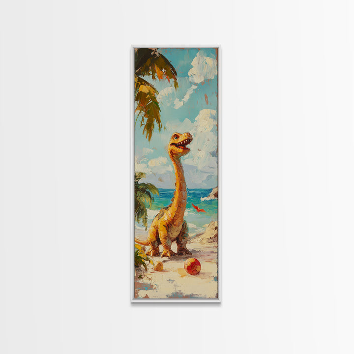 Cheerful Dinosaur On Tropical Beach Canvas Print, Whimsical Nursery Decor, Coastal Kids Room Art, Cute Animal Wall Decor