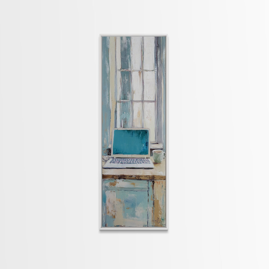 Blue Laptop By Bright Window Wall Art, Home Office Decor, Minimalist Desk Art Print, Modern Work From Home Canvas Art Decor
