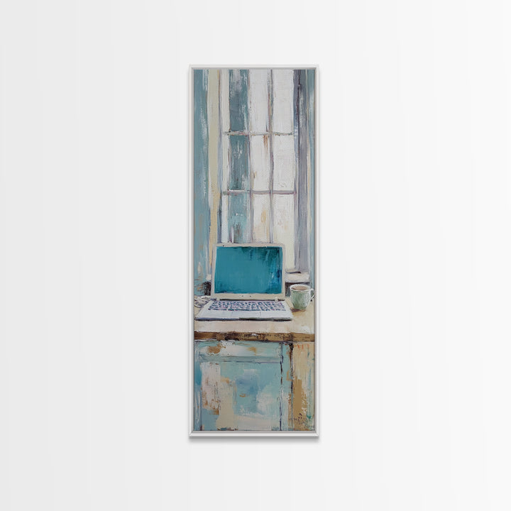 Blue Laptop By Bright Window Wall Art, Home Office Decor, Minimalist Desk Art Print, Modern Work From Home Canvas Art Decor