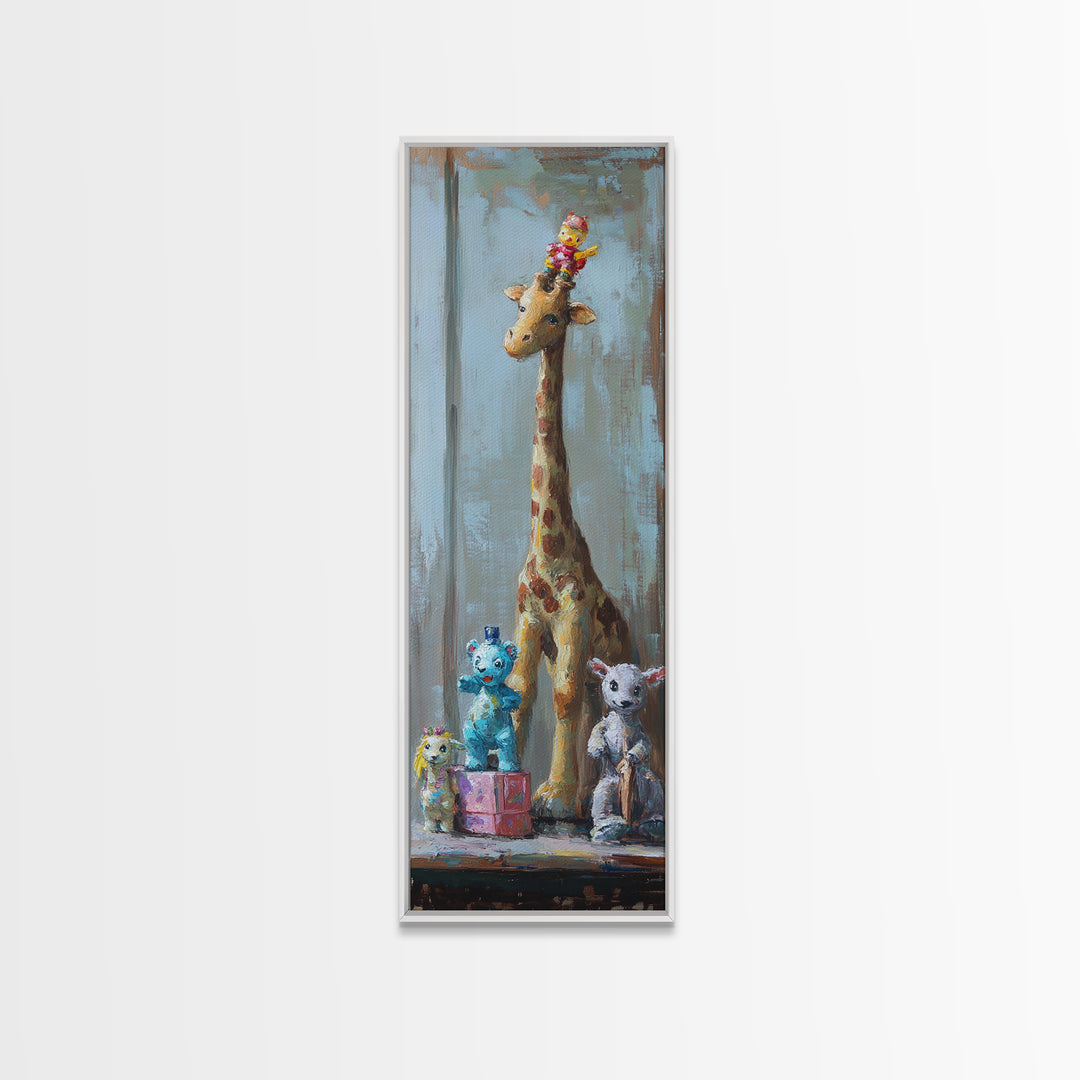 Whimsical Giraffe And Teddy Bear Framed Canvas Print, Nursery Wall Art, Kids Room Decor, Safari Animal Baby Shower Gift Idea