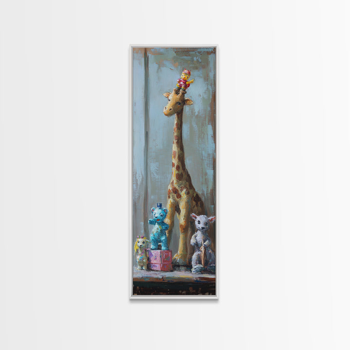 Whimsical Giraffe And Teddy Bear Framed Canvas Print, Nursery Wall Art, Kids Room Decor, Safari Animal Baby Shower Gift Idea