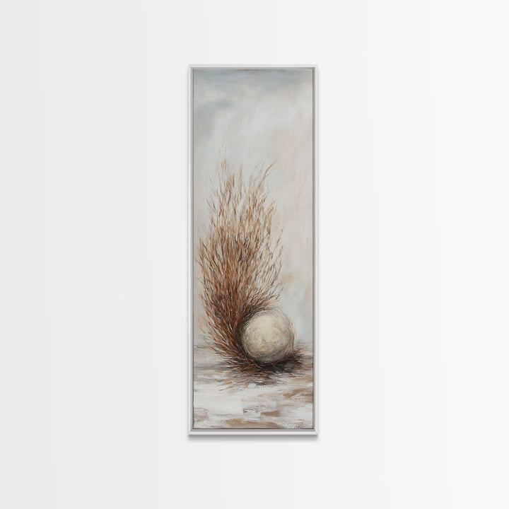 Dried Grass And Stone Sphere Wall Art, Neutral Minimalist Canvas Print, Wabi Sabi Rustic Nature Calming Decor For Living Room