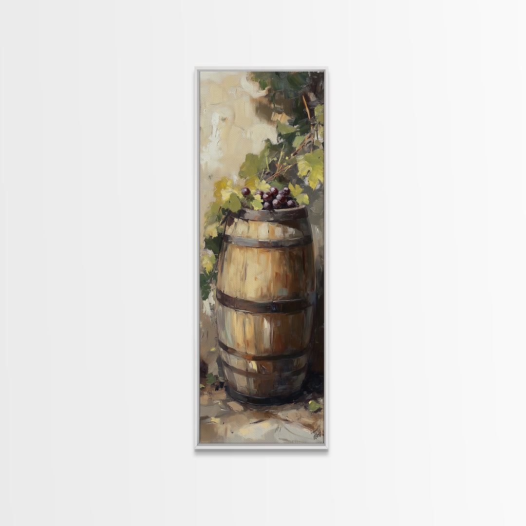 Sunlit Wine Barrel With Grapes Wall Art, Vineyard Canvas Print, Rustic Winery Kitchen Decor, Tuscan Farmhouse Gift For Dining Room