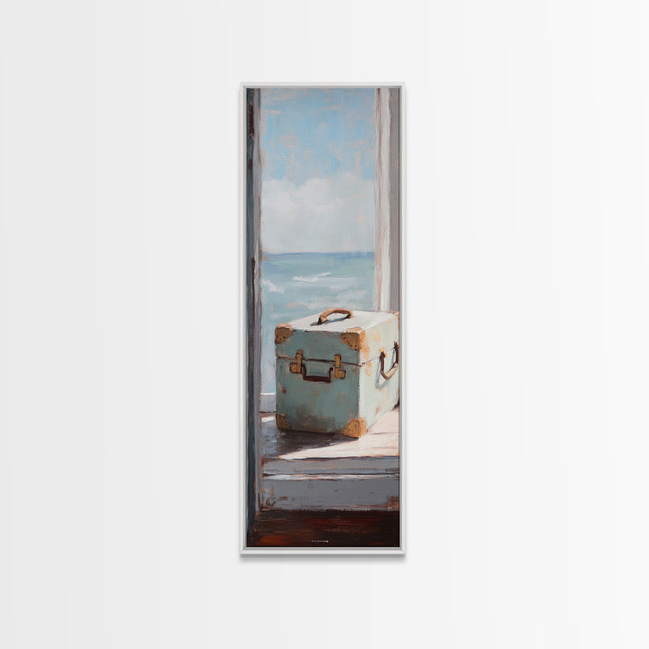 Blue Suitcase Ocean Window Canvas Print, Coastal Wall Art, Beach House Decor, Travel Inspired Living Room Wall Decor Gift