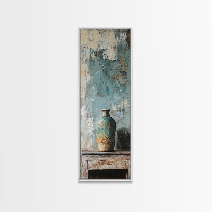 Turquoise Vase Textured Still Life Canvas Print, Rustic Wall Art, Neutral Home Decor, Modern Farmhouse Living Room Decor