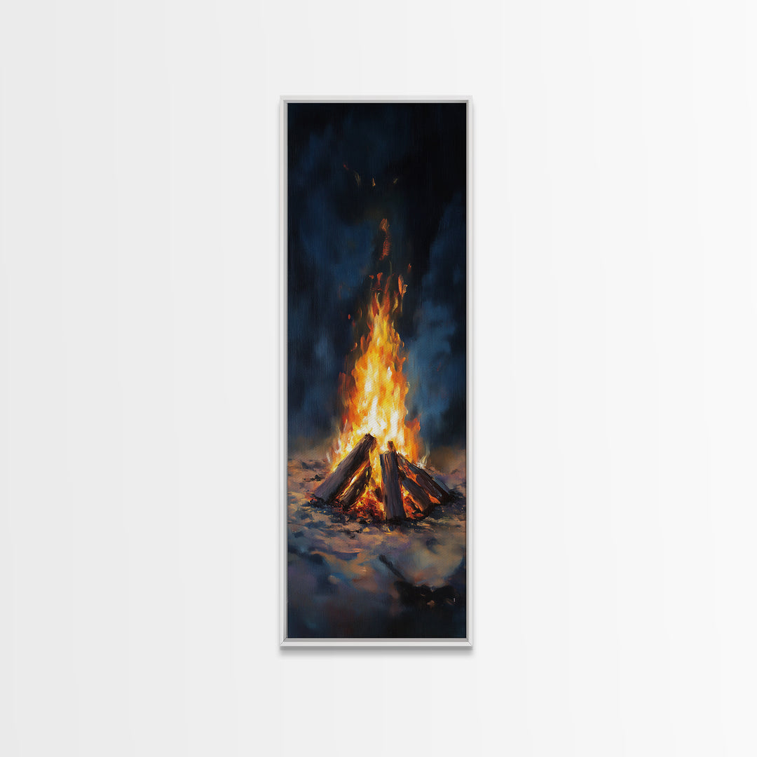 Glowing Campfire Night Landscape Wall Art, Rustic Cabin Decor, Moody Nature Art Print, Cozy Winter Living Room Decor Gift