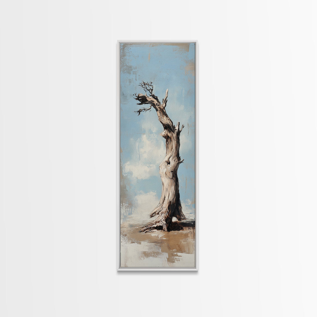 Lone Weathered Tree Wall Art, Rustic Landscape Painting, Minimalist Nature Print, Neutral Farmhouse Living Room Decor Gift