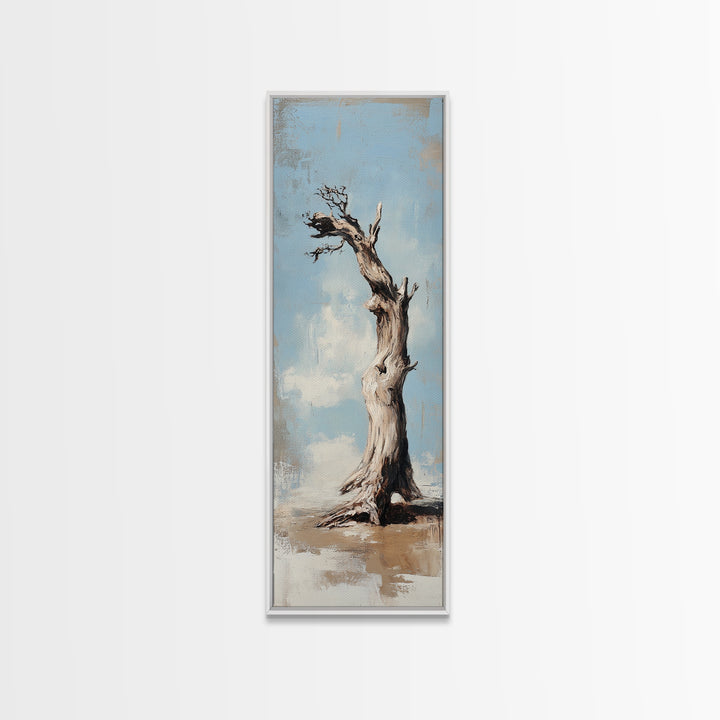 Lone Weathered Tree Wall Art, Rustic Landscape Painting, Minimalist Nature Print, Neutral Farmhouse Living Room Decor Gift