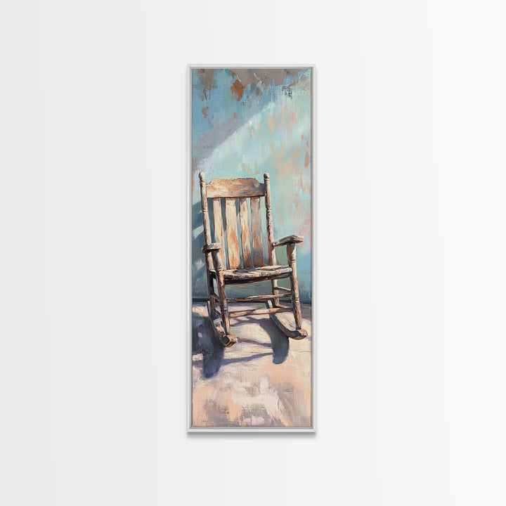 Sunlit Wooden Rocking Chair Wall Art, Rustic Farmhouse Decor, Country Home Decor, Neutral Canvas Print, Cozy Living Room Art