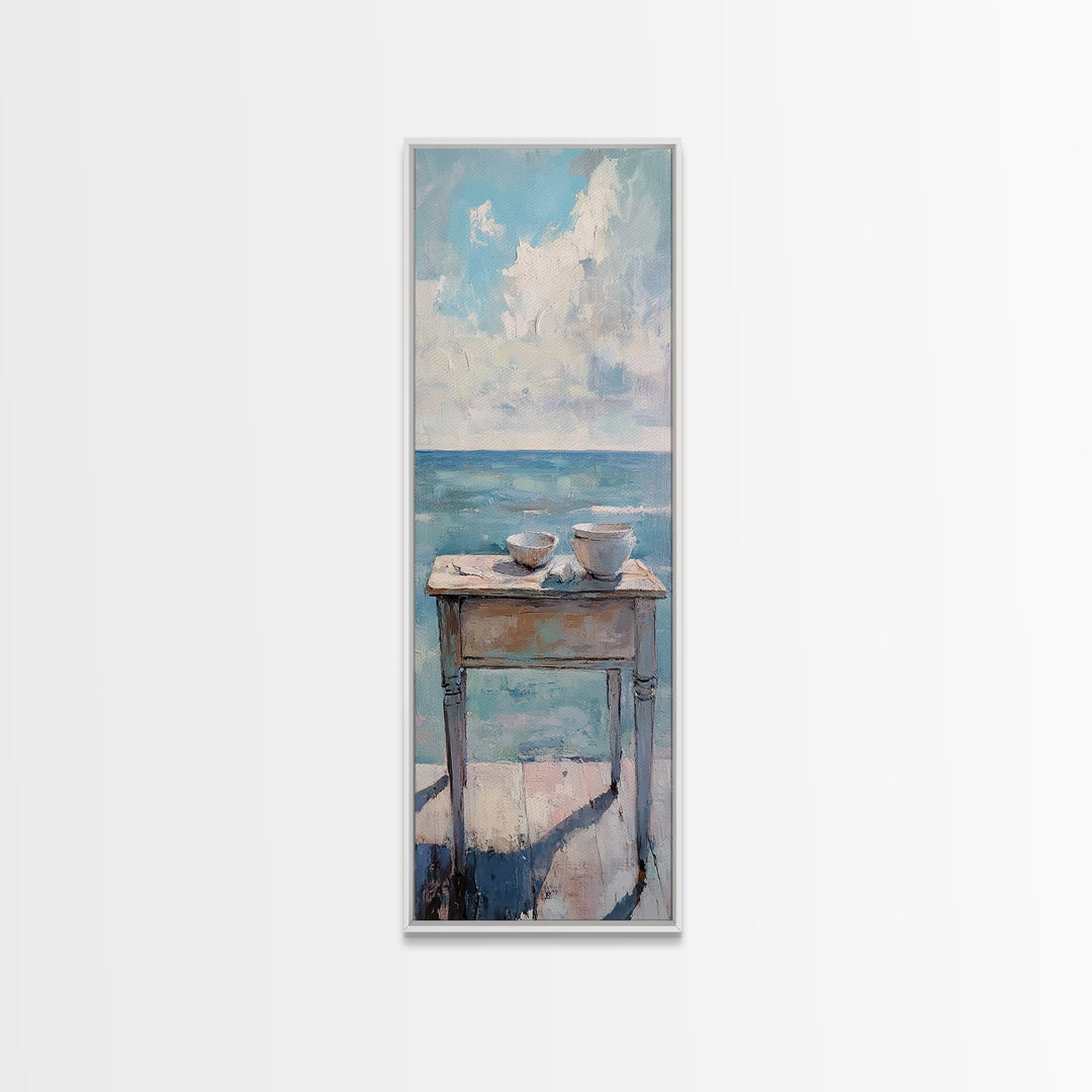 Two Teacups By The Sea Coastal Still Life Wall Art, Ocean Canvas Wall Decor, Beach House Living Room Decor, Neutral Seascape Kitchen Print