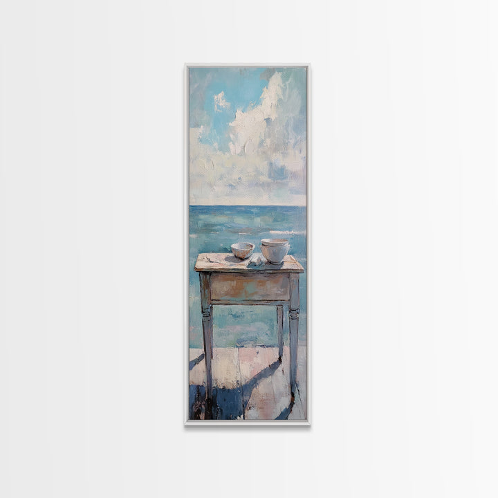 Two Teacups By The Sea Coastal Still Life Wall Art, Ocean Canvas Wall Decor, Beach House Living Room Decor, Neutral Seascape Kitchen Print