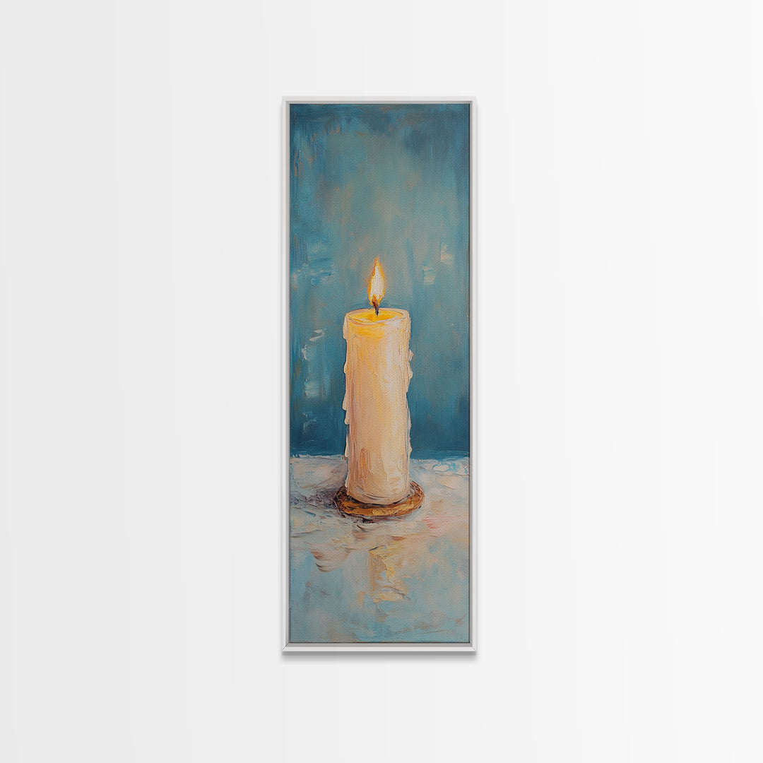 Glowing Pillar Candle Still Life Framed Canvas Print, Moody Wall Art, Meditation Room Decor, Spa Bathroom Art, Cozy Home Decor