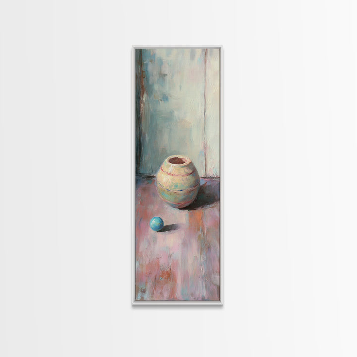Small Ceramic Pot And Blue Ball Still Life Wall Art, Pastel Minimalist Canvas Print, Wabi Sabi Decor, Soft Abstract Art Print