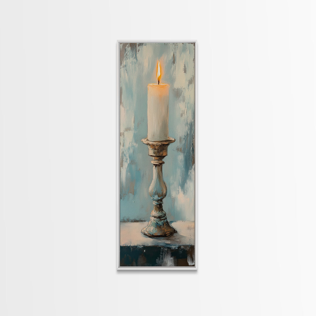 Lit Candle On Antique Holder Framed Canvas Print, Moody Still Life Wall Art For Rustic Home Decor, Spiritual Gift, Housewarming Gift