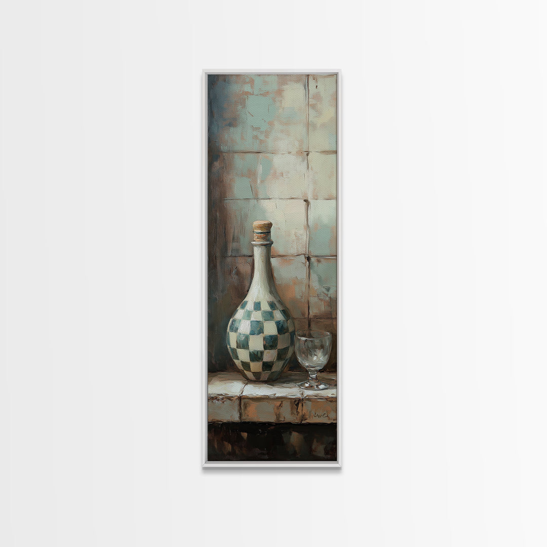 Checkered Ceramic Bottle And Wine Glass Wall Art, Rustic Kitchen Decor, Mediterranean Still Life Canvas Print For Dining Room