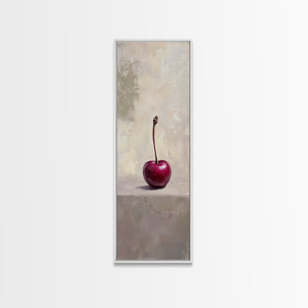 Single Red Cherry Minimal Still Life Wall Art, Modern Kitchen Decor, Fruit Art Print, Minimalist Framed Canvas Print Gift