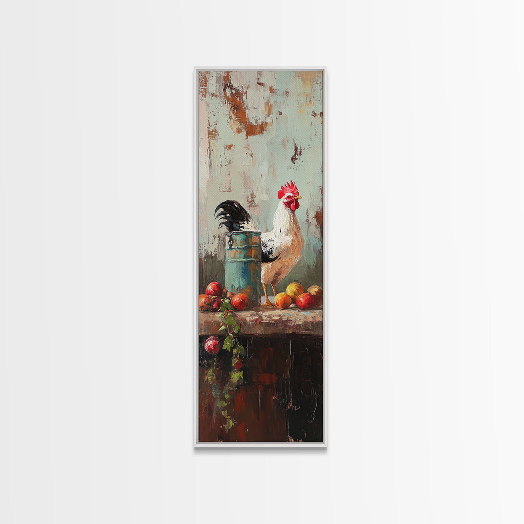 White Rooster And Tomato Still Life Wall Art, Rustic Farmhouse Kitchen Decor, Country Canvas Print Housewarming Gift, Home Decor