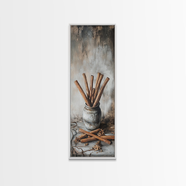 Cinnamon Sticks In Rustic Jar Wall Art, Farmhouse Kitchen Decor, Spice Still Life Canvas Print, Cozy Cafe Art Gift, Home Decor