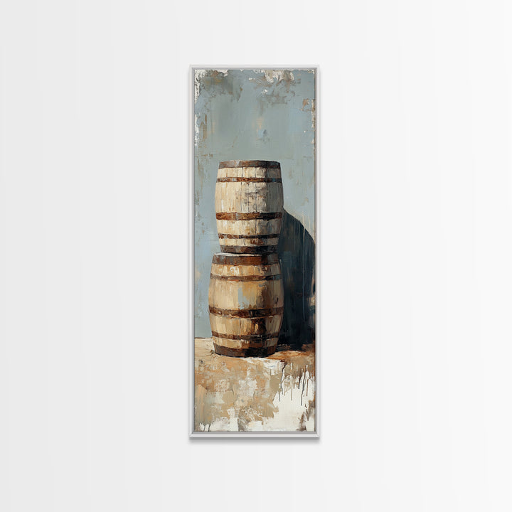 Rustic Wooden Barrels Still Life Wall Art, Farmhouse Winery Decor, Country Framed Canvas Print, Housewarming Gift Home Decor