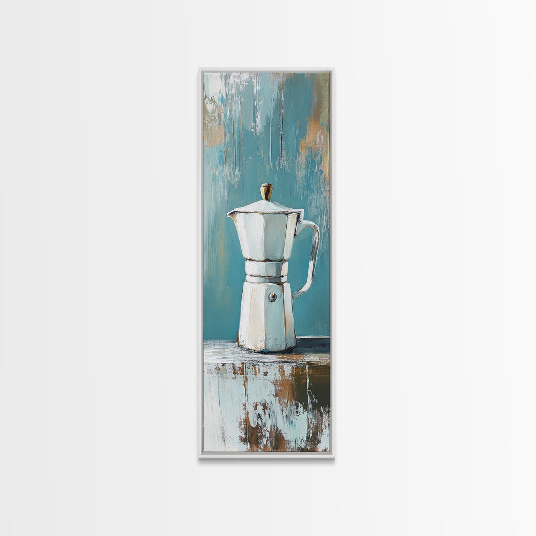 White Moka Pot Still Life Wall Art, Rustic Kitchen Decor, Coffee Bar Art Print, Farmhouse Canvas, Housewarming Gift For Coffee Lover