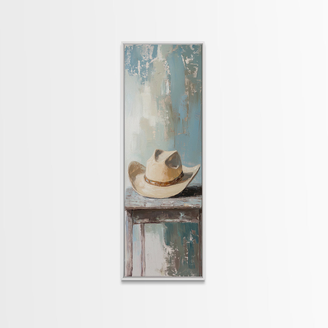 White Cowboy Hat On Table Canvas Print, Western Wall Art, Rustic Ranch Decor, Neutral Southwestern Farmhouse Home Decor, Gift For Him