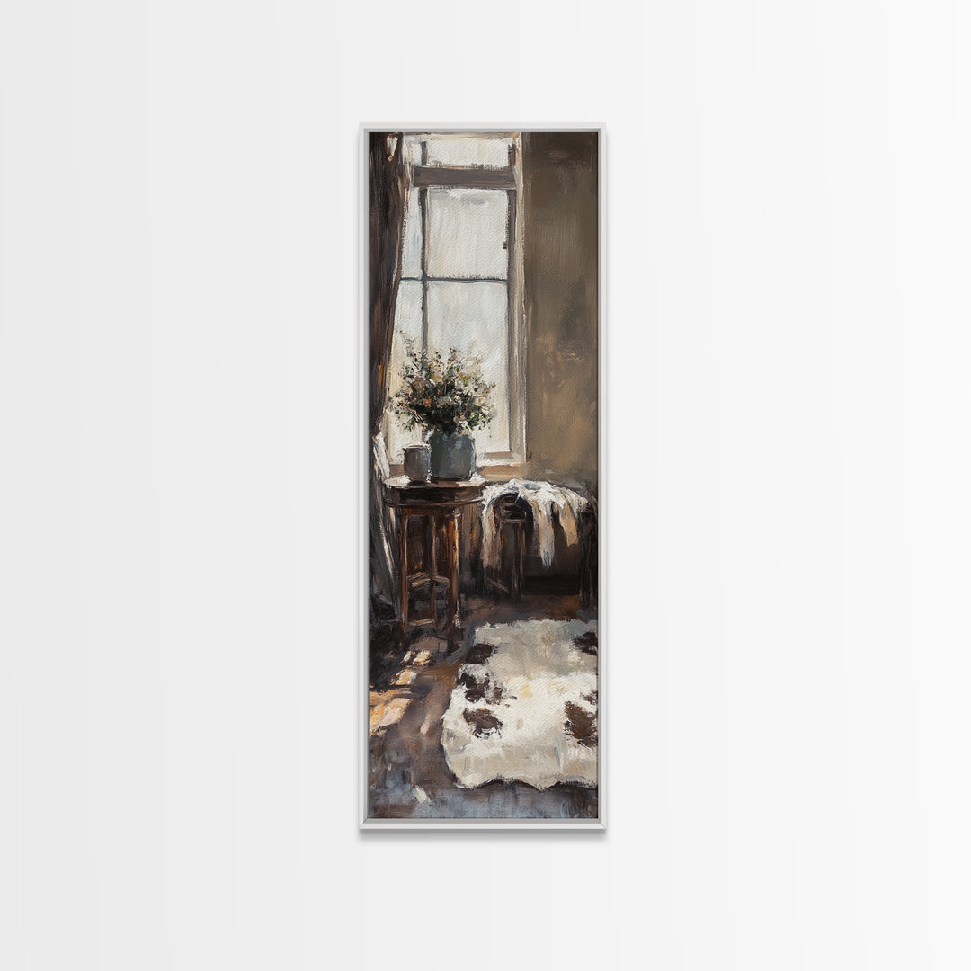Rustic Window Chair And Cowhide Rug Wall Art, Farmhouse Canvas Print, Cozy Country Home Decor, Neutral Living Room Art Print