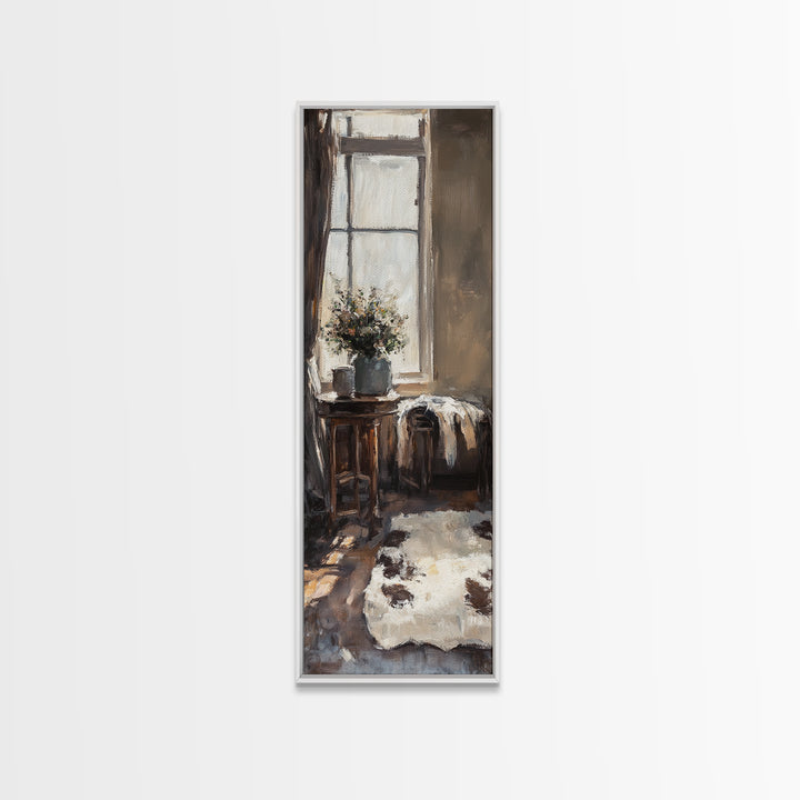 Rustic Window Chair And Cowhide Rug Wall Art, Farmhouse Canvas Print, Cozy Country Home Decor, Neutral Living Room Art Print