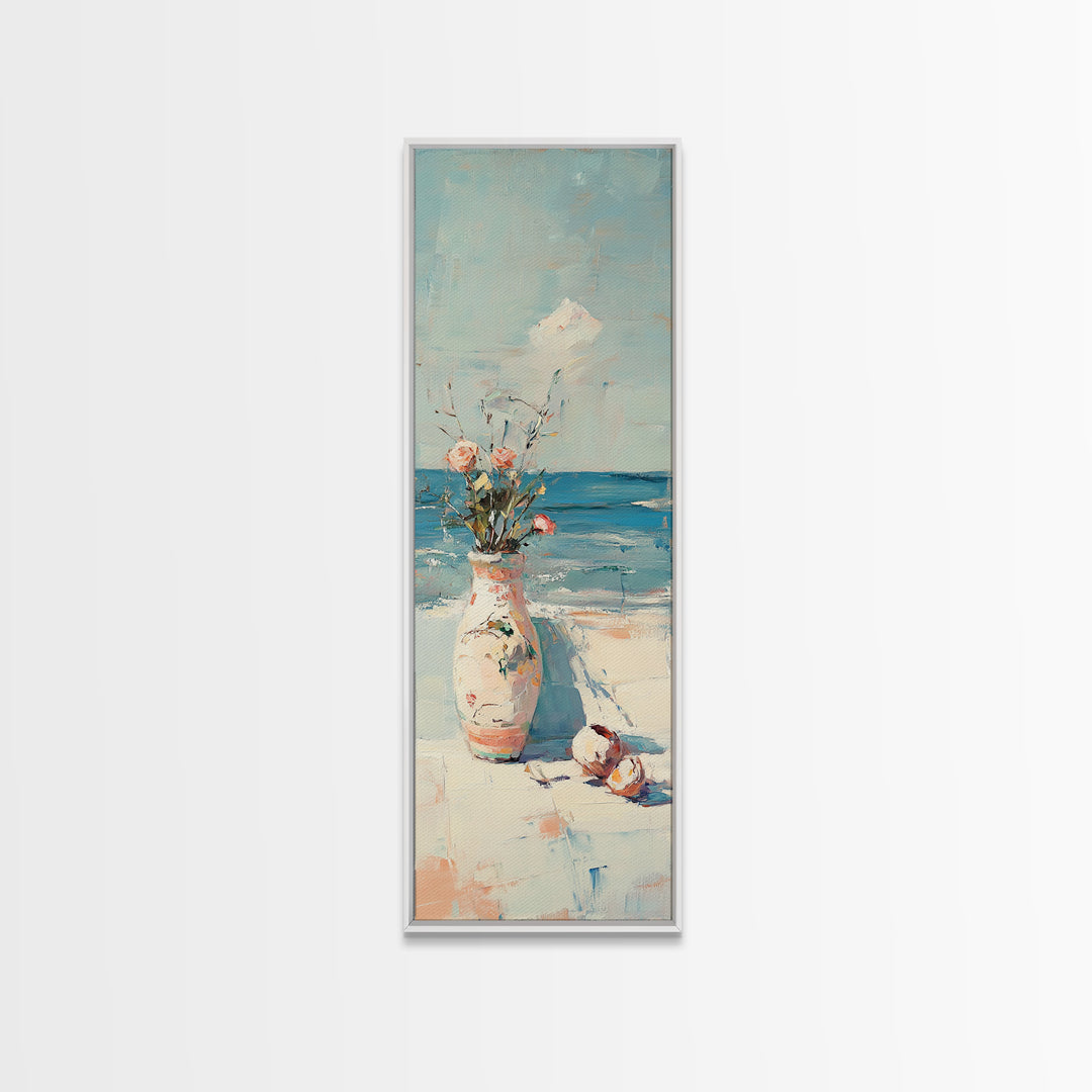 Seaside Flower Vase With Shells Canvas Print, Coastal Wall Art, Beach House Decor, Ocean Wall Decor, Summer Home Decor, Gift For Her