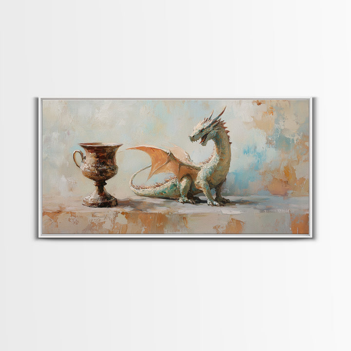 Small Dragon And Goblet Wall Art, Fantasy Canvas Print, Mythical Creature Decor, Kids Room Art, Unique Gift For Him, Nursery Wall Art