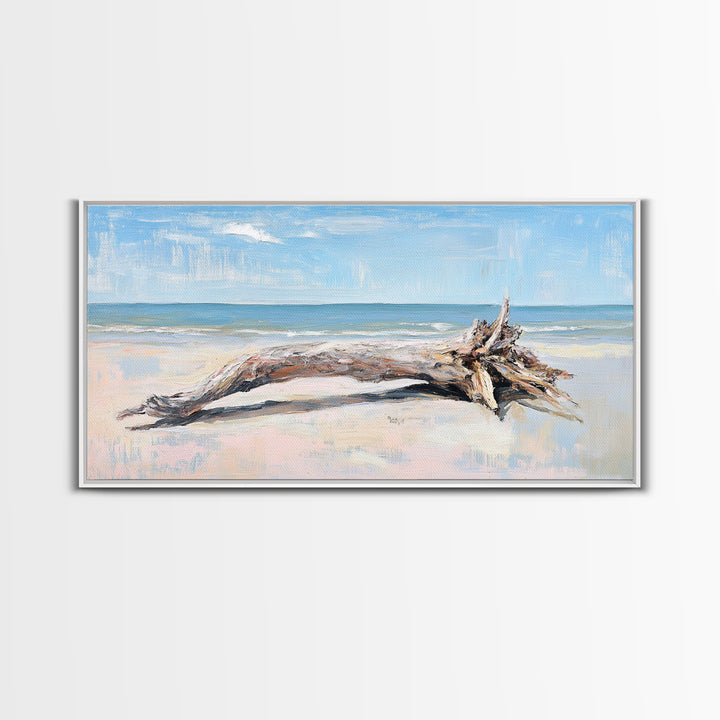 Weathered Driftwood On Beach Wall Art, Coastal Canvas Print, Ocean Landscape Art, Beach House Decor, Seaside Wall Decor Print