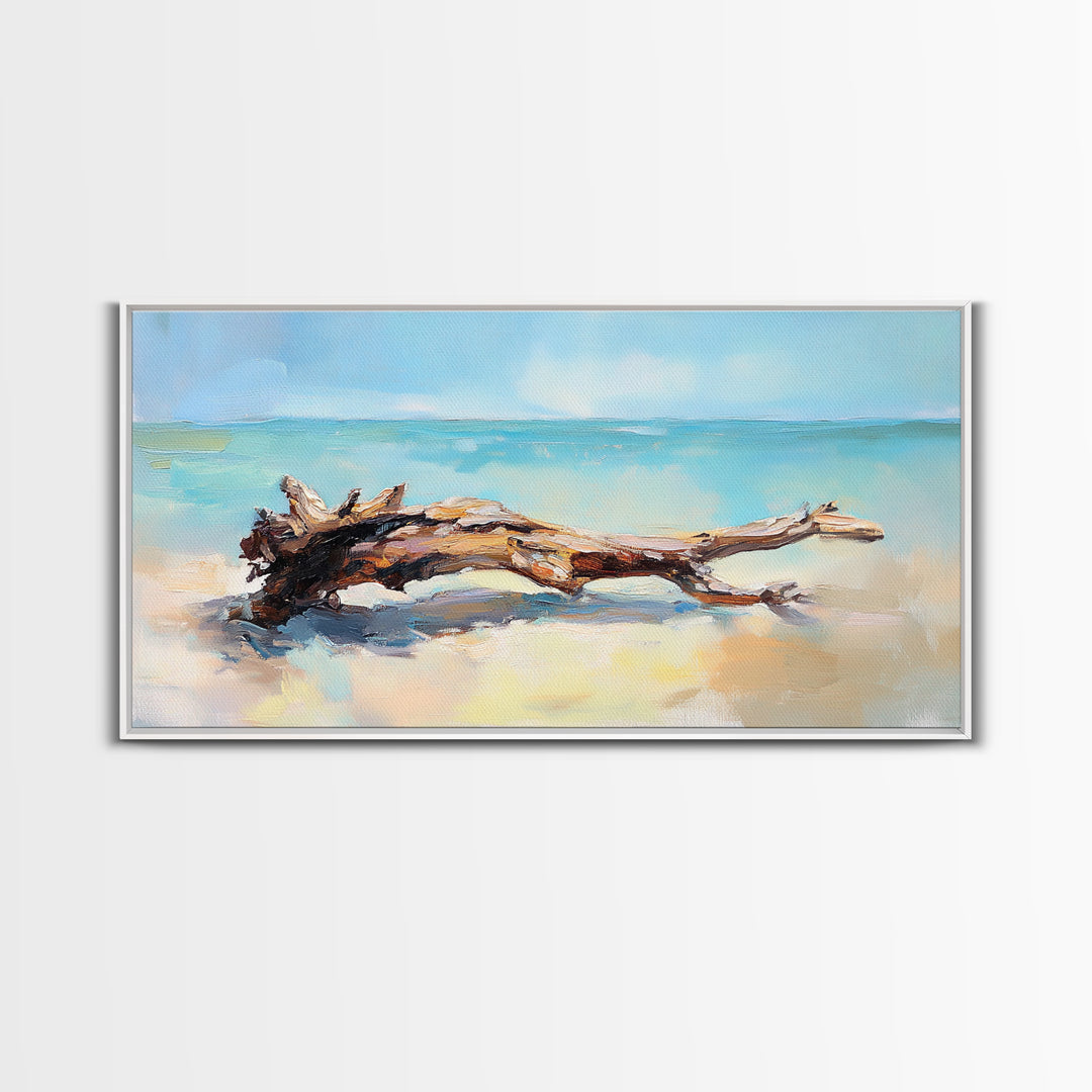Sunlit Driftwood On Turquoise Shore Wall Art, Coastal Canvas Print, Beach House Decor, Ocean Art, Nautical Home Decor, Living Room Decor