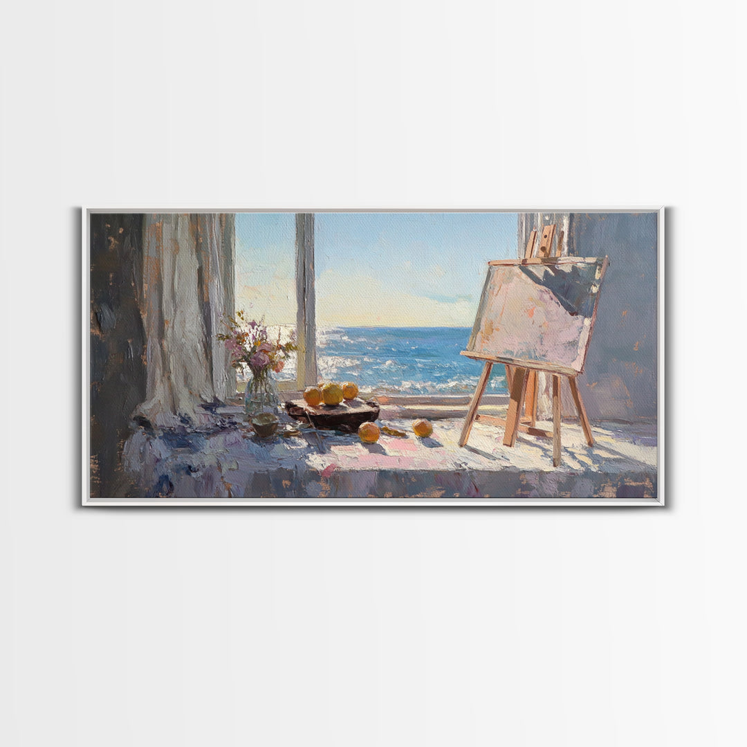 Sunlit Ocean View Art Studio Wall Art, Coastal Canvas Print, Easel And Lemons Still Life, Creative Office Decor, Beach House Decor