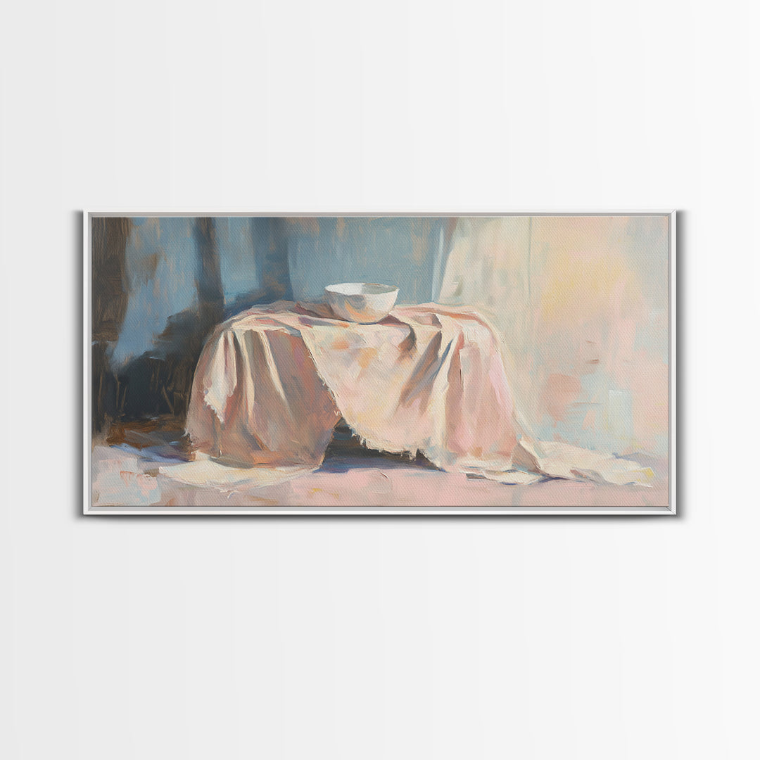 Soft Draped Table And Bowl Still Life Canvas Print, Minimalist Kitchen Wall Art, Neutral Home Decor, Fine Art Print, Dining Room Decor