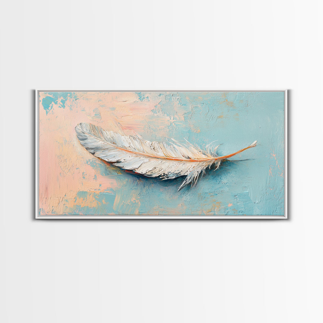 White Feather On Soft Blue Peach Texture Framed Canvas Print, Coastal Wall Art, Neutral Home Decor, Boho Bedroom Decor, Gift For Her