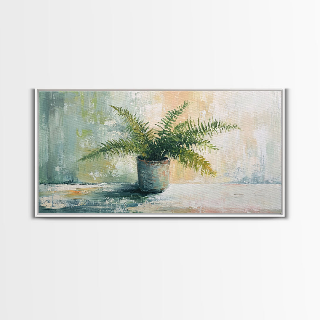 Potted Fern Plant In Textured Green Light Canvas Print, Botanical Wall Art, Nature Wall Decor, Japandi Home Decor, Office Decor