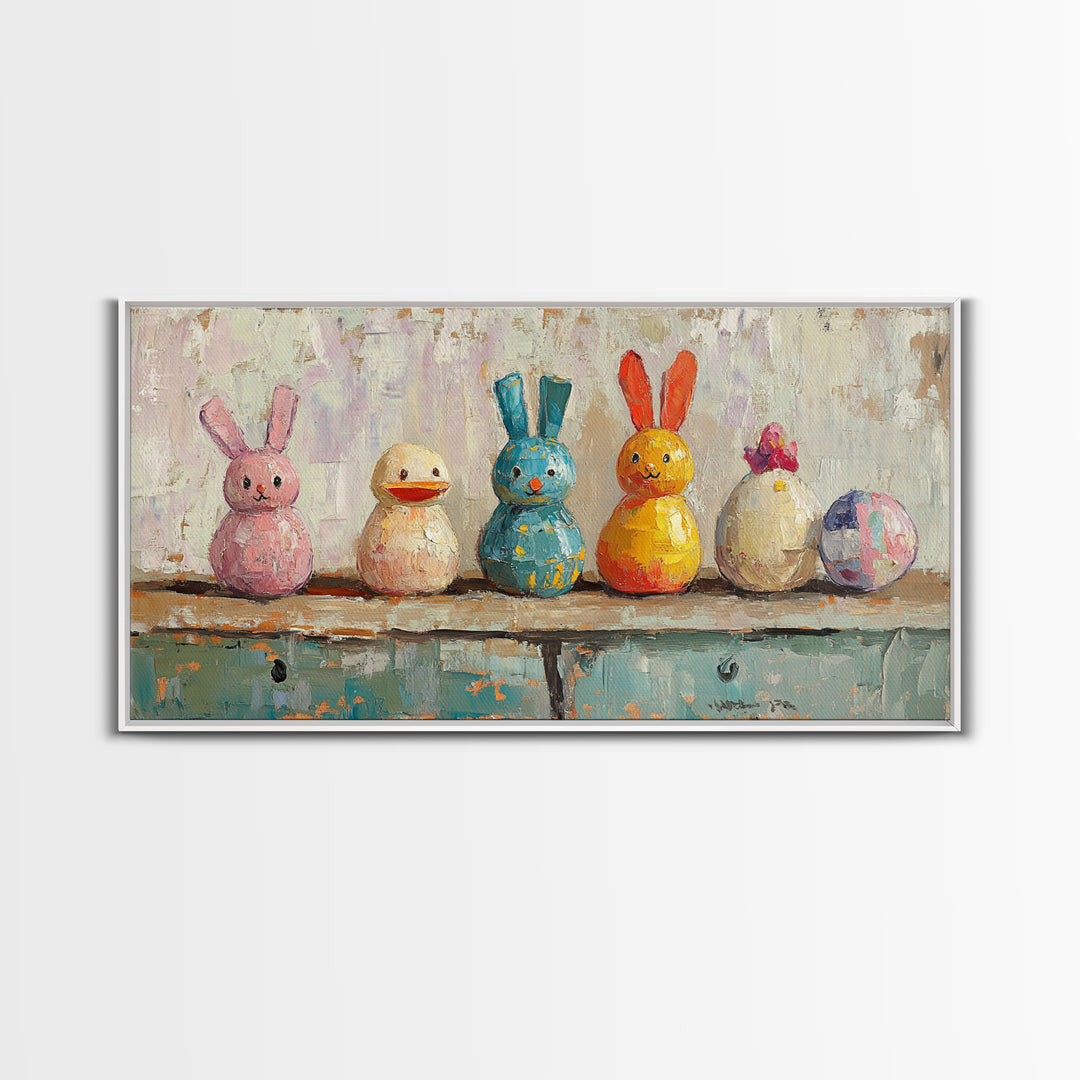 Whimsical Bunny And Duck Toys Framed Canvas Print, Nursery Wall Art, Kids Room Decor, Easter Gift, Playroom Wall Decor, Baby Shower Gift