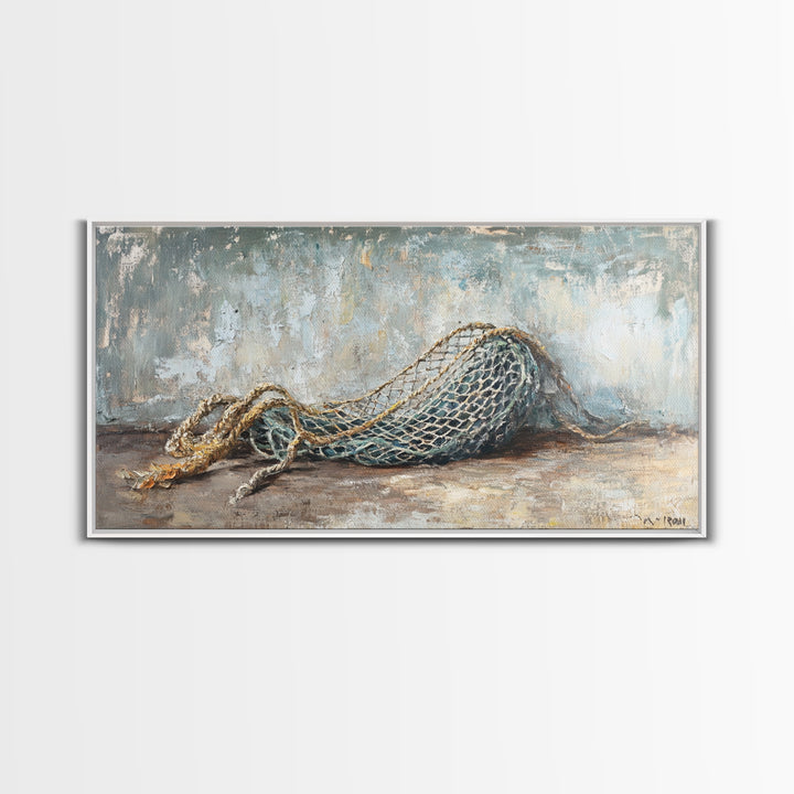 Weathered Fishing Net Framed Canvas Print, Nautical Wall Art, Coastal Home Decor, Rustic Seascape, Beach House Gift For Him