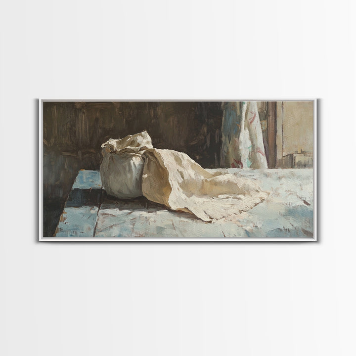 Rustic Flour Sack Still Life Wall Art, French Bakery Canvas Print, Country Kitchen Decor, Farmhouse Wall Decor Gift Idea