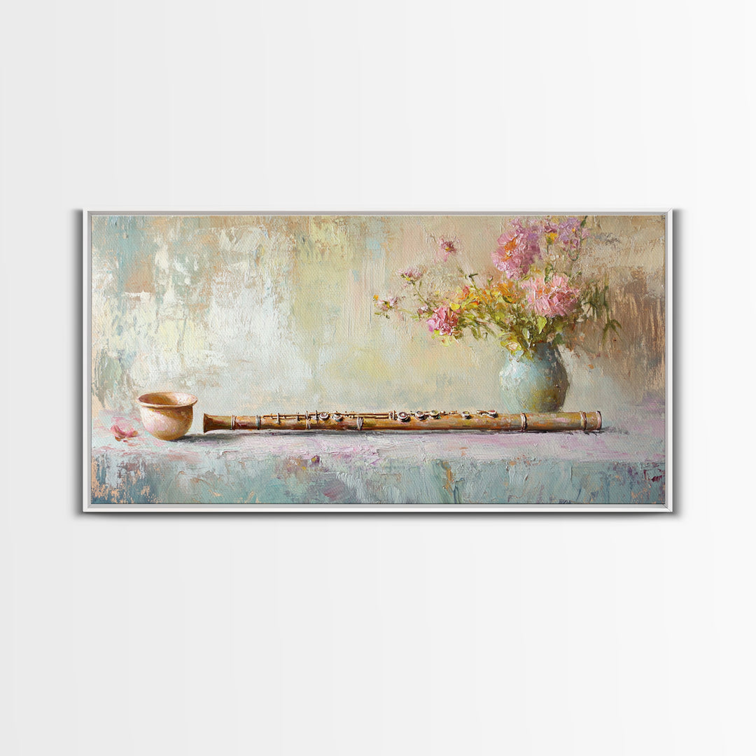 Rustic Flute Still Life With Pink Flowers, Framed Canvas Print, Music Room Wall Art, Farmhouse Decor, Gift For Music Lover