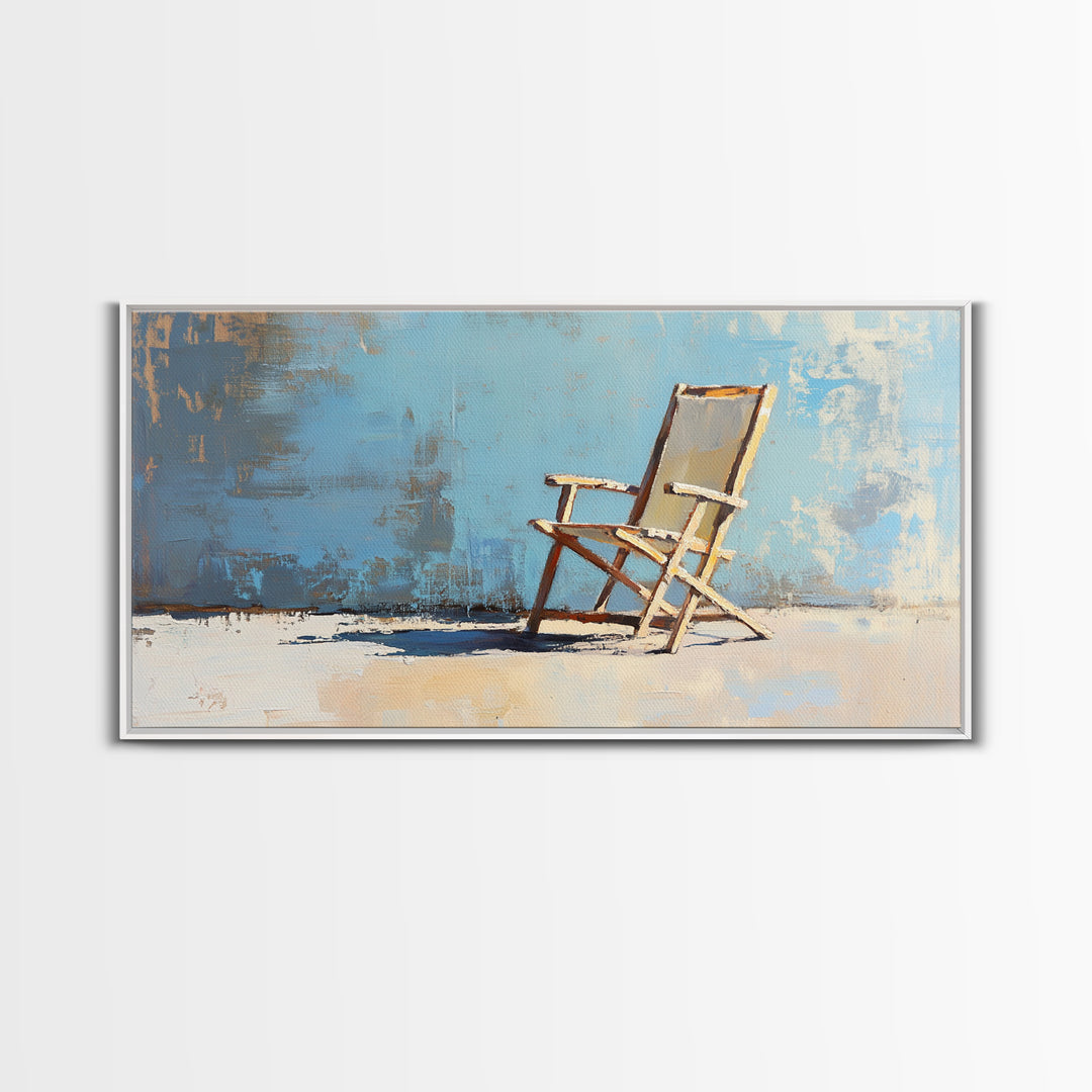 Minimal Beach Chair On Blue Wall, Canvas Print, Coastal Wall Art, Modern Home Decor, Beach House Decor, Living Room Wall Art