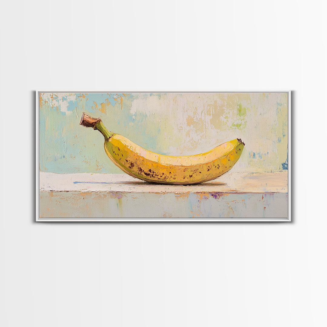 Bright Banana Still Life On Pale Blue, Framed Canvas Print, Kitchen Wall Art, Fruit Art, Colorful Kitchen Decor, Foodie Gift