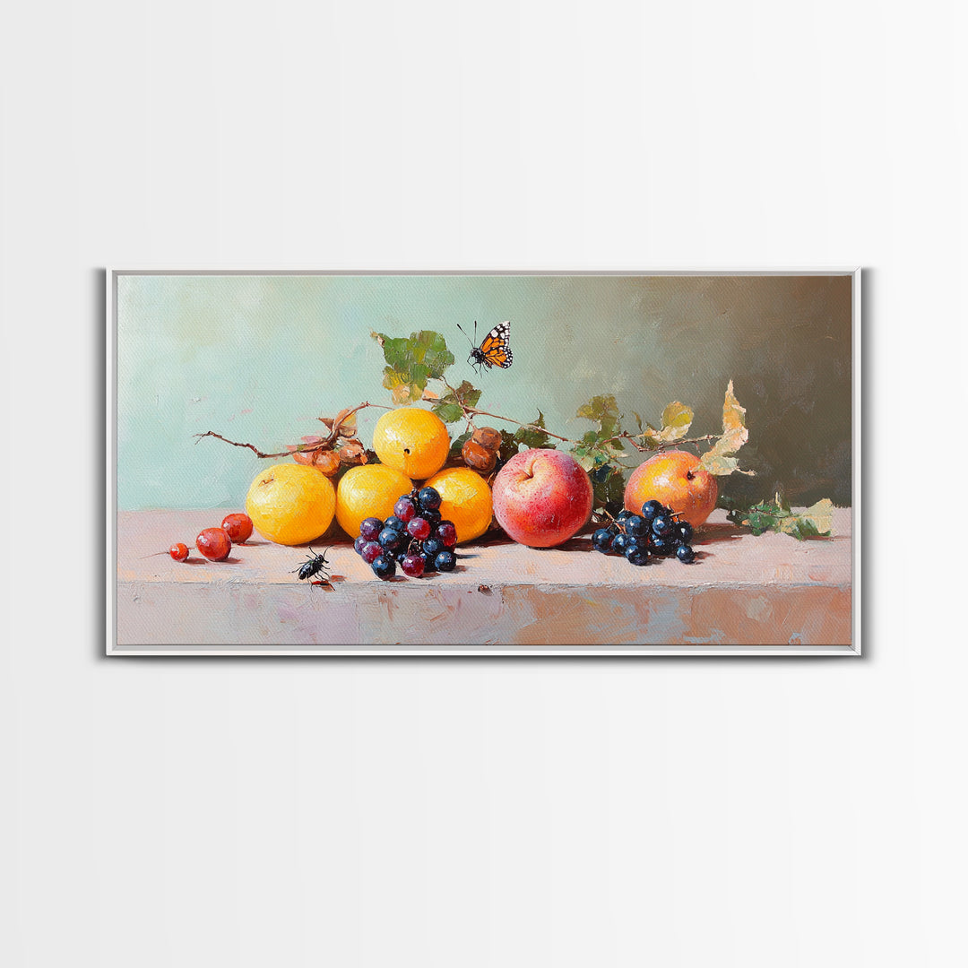 Oranges Grapes Apple Still Life With Butterfly, Canvas Print, Fruit Art, Kitchen Wall Art, Botanical Decor, Dining Room Print