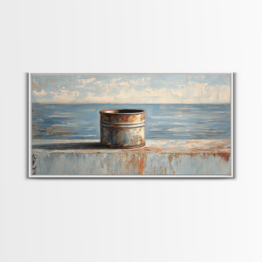Rusty Tin Can By Blue Sea Wall Art, Coastal Industrial Still Life Canvas Print, Rustic Beach House Decor For Living Room