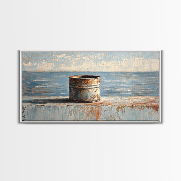 Rusty Tin Can By Blue Sea Wall Art, Coastal Industrial Still Life Canvas Print, Rustic Beach House Decor For Living Room
