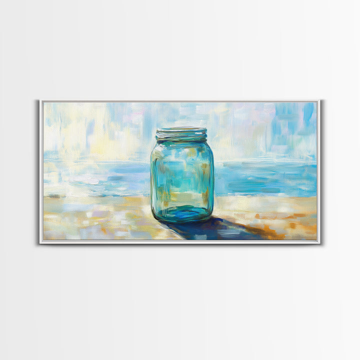 Blue Glass Mason Jar Wall Art, Coastal Still Life Canvas Print, Minimalist Beach House Decor For Kitchen Or Bathroom Art