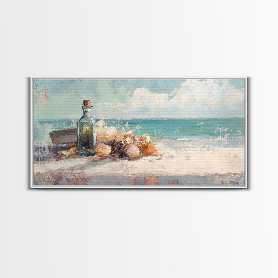 Sea Glass Bottle And Seashells Wall Art, Coastal Beach Framed Canvas Print, Nautical Decor For Bathroom Or Entryway Wall Decor