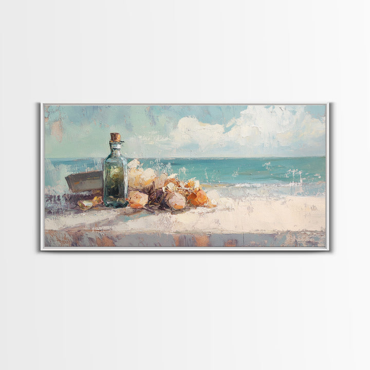 Sea Glass Bottle And Seashells Wall Art, Coastal Beach Framed Canvas Print, Nautical Decor For Bathroom Or Entryway Wall Decor