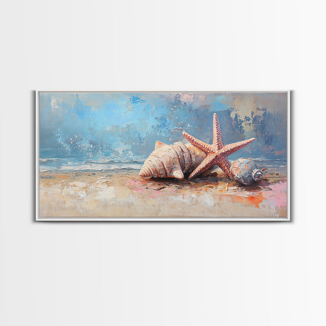 Starfish And Seashells On Sandy Shore Wall Art, Coastal Ocean Canvas Print, Beach House Decor For Bathroom Or Bedroom Wall Decor